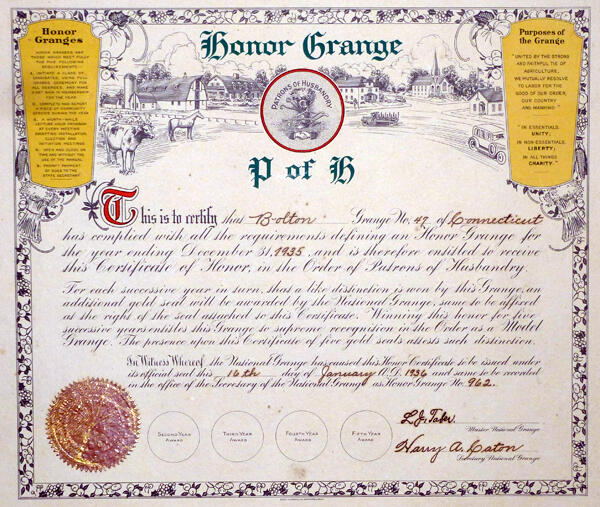 <b>Figure 3.</b> Bolton Grange's Certificate of Honor