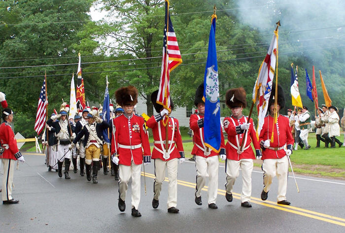 Governor's Foot Guard passing reviewing stand,
followed by Connecticut 2nd Dragoons and Continental unit