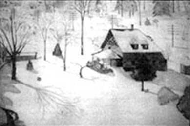 Drawing of Bolton Lodge by Rick Krause from a photo he took of the place just a year before it burned.